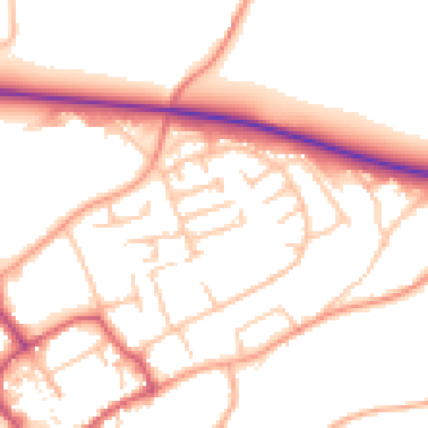 Daytime road noise heatmap for TF9 1QW