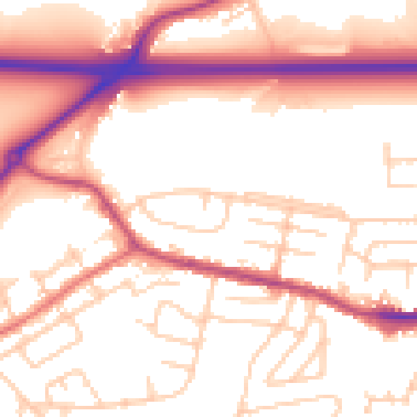 Daytime road noise heatmap for WA11 0UQ