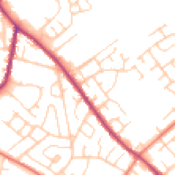 Daytime road noise heatmap for WA3 3ES