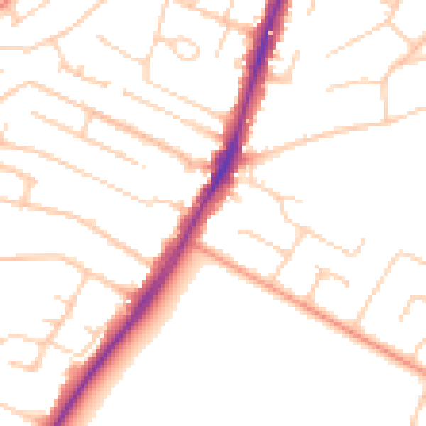 Daytime road noise heatmap for PO8 8DL